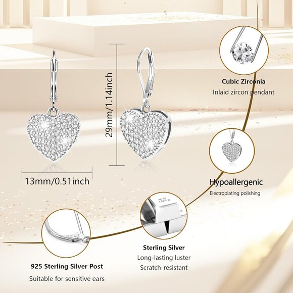 925 Sterling Silver Heart Waterdrop Leverback Hypoallergenic Earring for Women - Picture 3 of 8